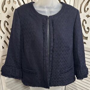 ⛔️ Talbots Navy Bouclé Open Front Fringed Jacket